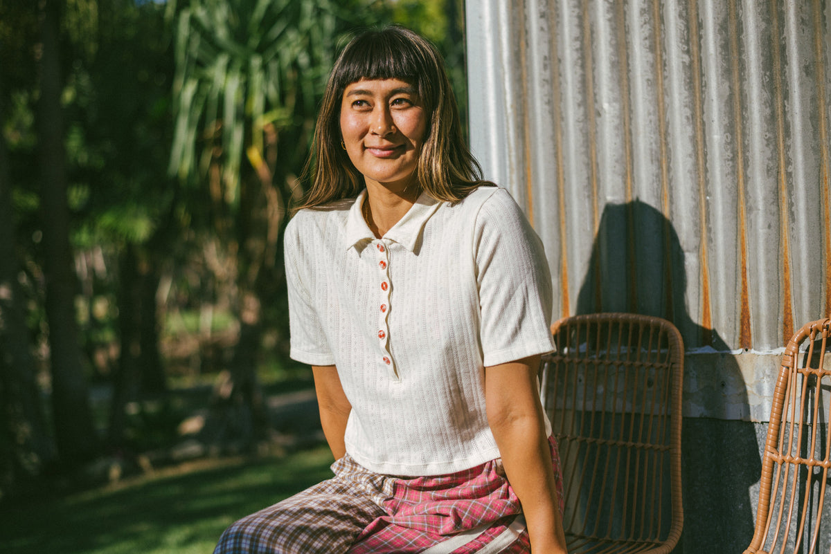 Beach PJ Collar Tee in Cream Pointelle - Atmosea