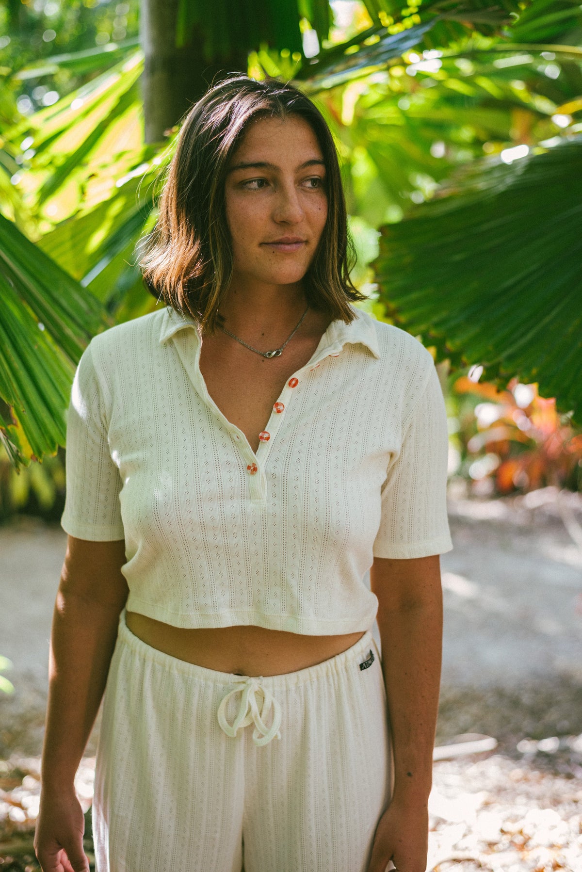 Beach PJ Collar Tee in Cream Pointelle - Atmosea