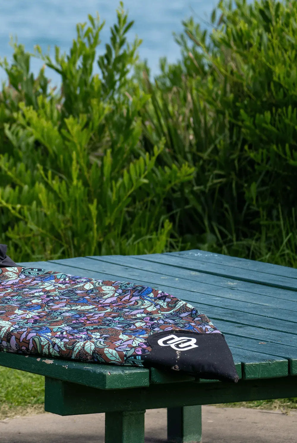Fantastic Fungi shortboard cover with drawstring closure drawn snug