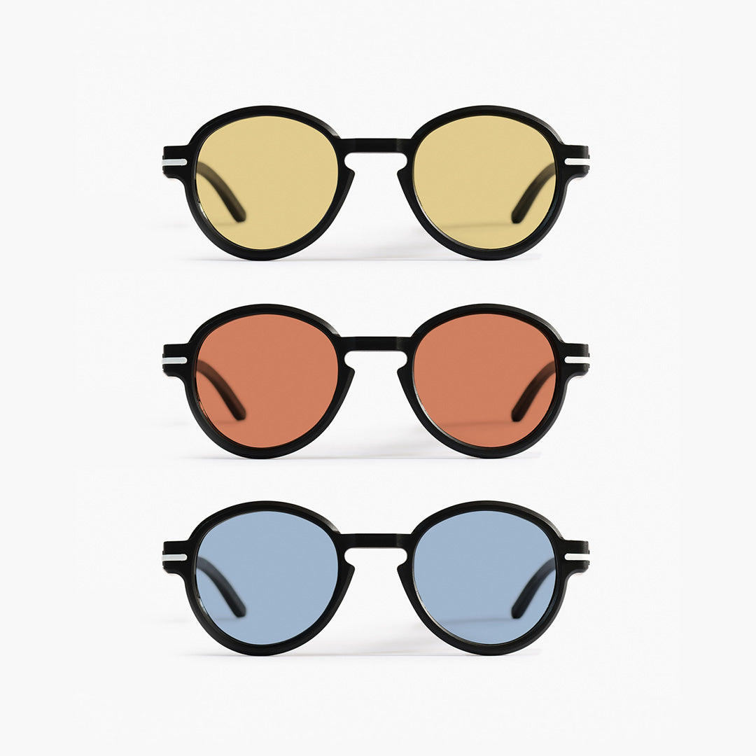 Close-up of Good Citizens' range of round frames with colored lenses on a white background, highlighting the stylish, eco-friendly design, modular design, and 100% recycled plastic frames made in Australia