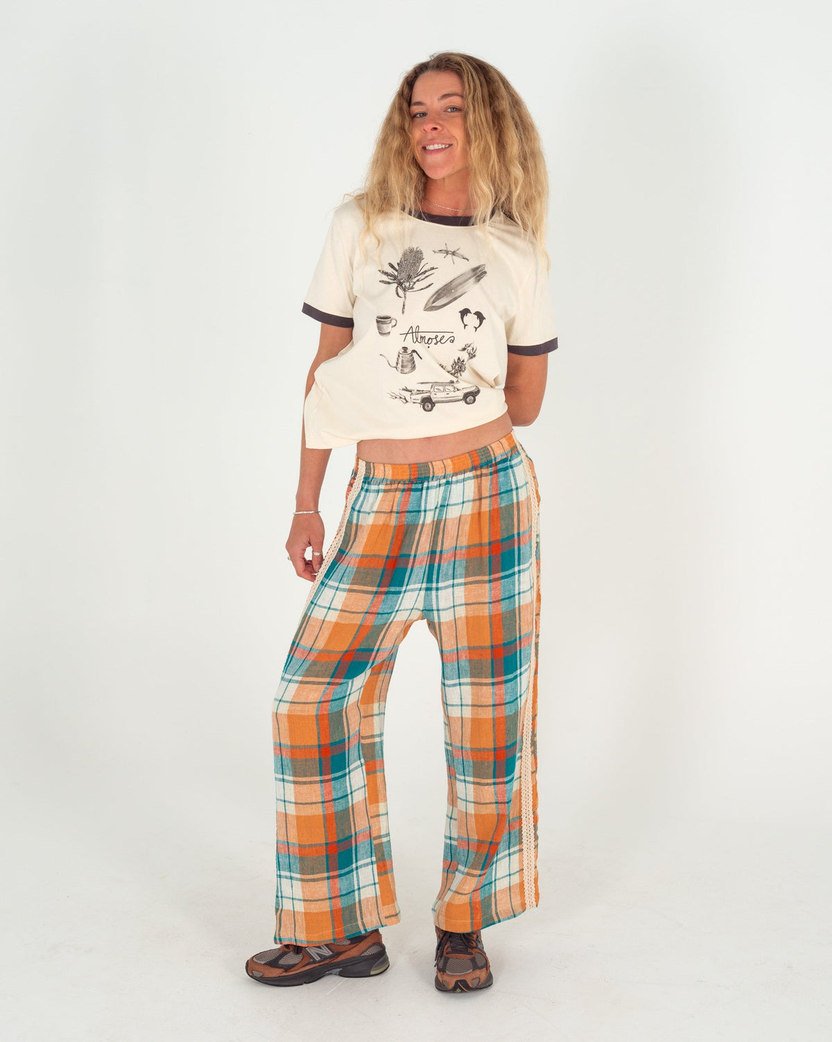 Rozzie Elastic Waist Pant in Citrus/ Teal Check - Atmosea