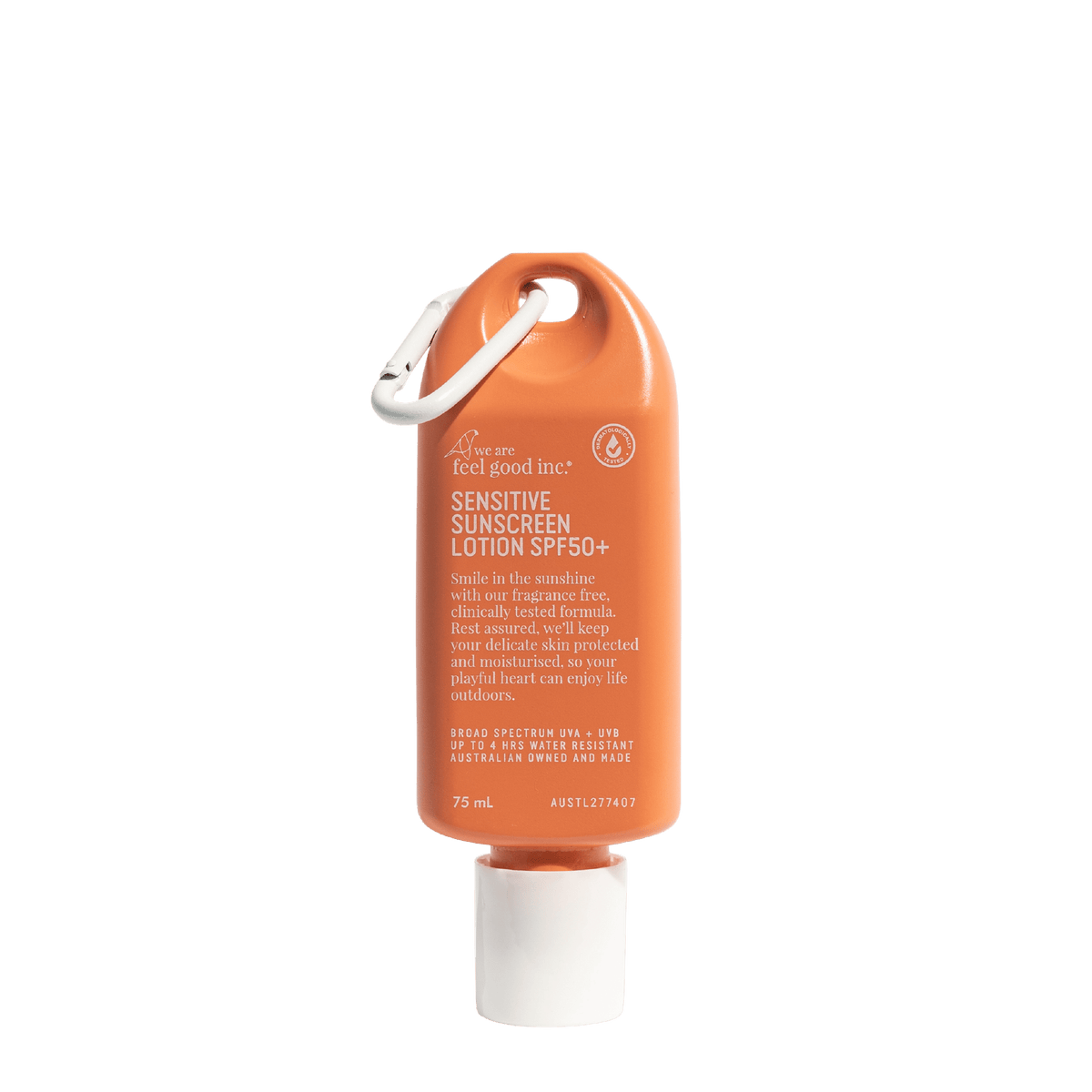 We Are Feel Good Inc Sensitive Sunscreen Lotion SPF50+ 75mL traveller bottle in orange packaging with white cap and carry loop, fragrance-free sunscreen for sensitive skin