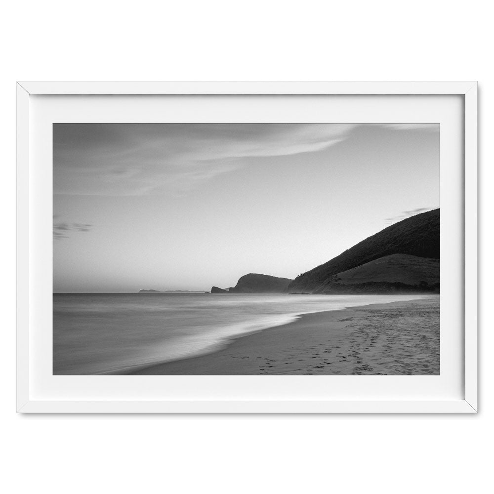 Budgen-Bluey's-Beach,-Dusk-White-Frame