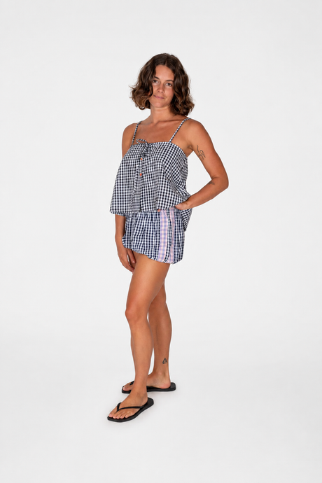 Aura Button Cami Top in Black Gingham - Atmosea