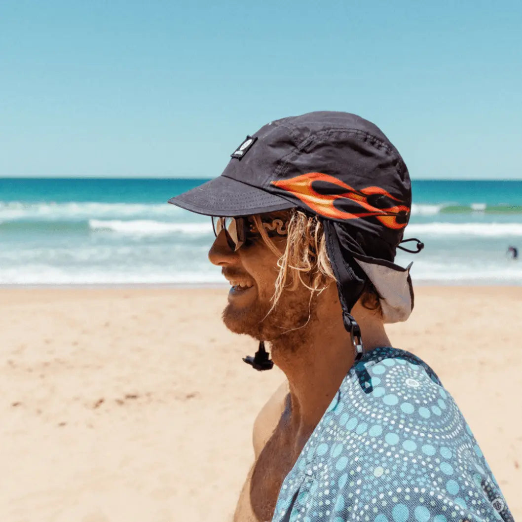Flames Boardsox surf cap in black with an orange flame print