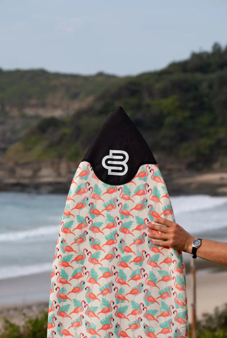 Flamingo canvas shortboard cover, fits boards up to 21in wide