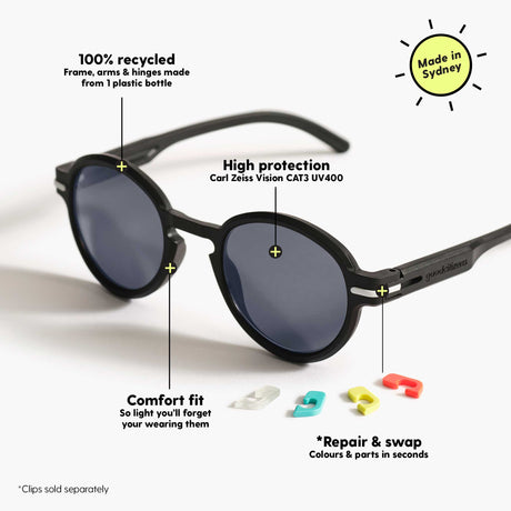 Diagram of round black sunglasses with key features, including 100% recycled plastic frame and Carl Zeiss polarised lenses