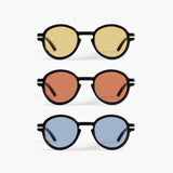 Close-up of Good Citizens' range of round frames with colored lenses on a white background, highlighting the stylish, eco-friendly design, modular design, and 100% recycled plastic frames made in Australia
