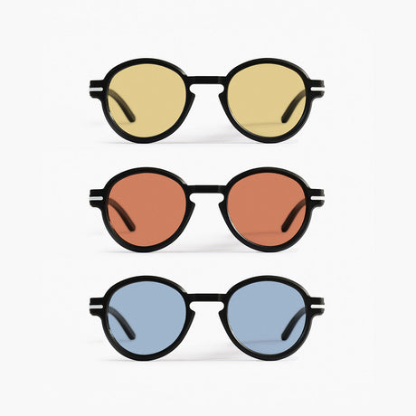 Close-up of Good Citizens' range of round frames with colored lenses on a white background, highlighting the stylish, eco-friendly design, modular design, and 100% recycled plastic frames made in Australia