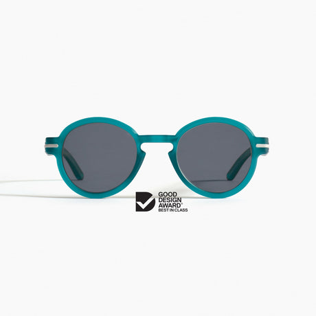 Good Citizens aqua blue round sunglasses with Carl Zeiss Vision lenses, made from 100% recycled plastic - front view