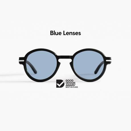 Good Citizens round black sunglasses on a white background with blue Carl Zeiss lenses and 100% recycled plastic frame
