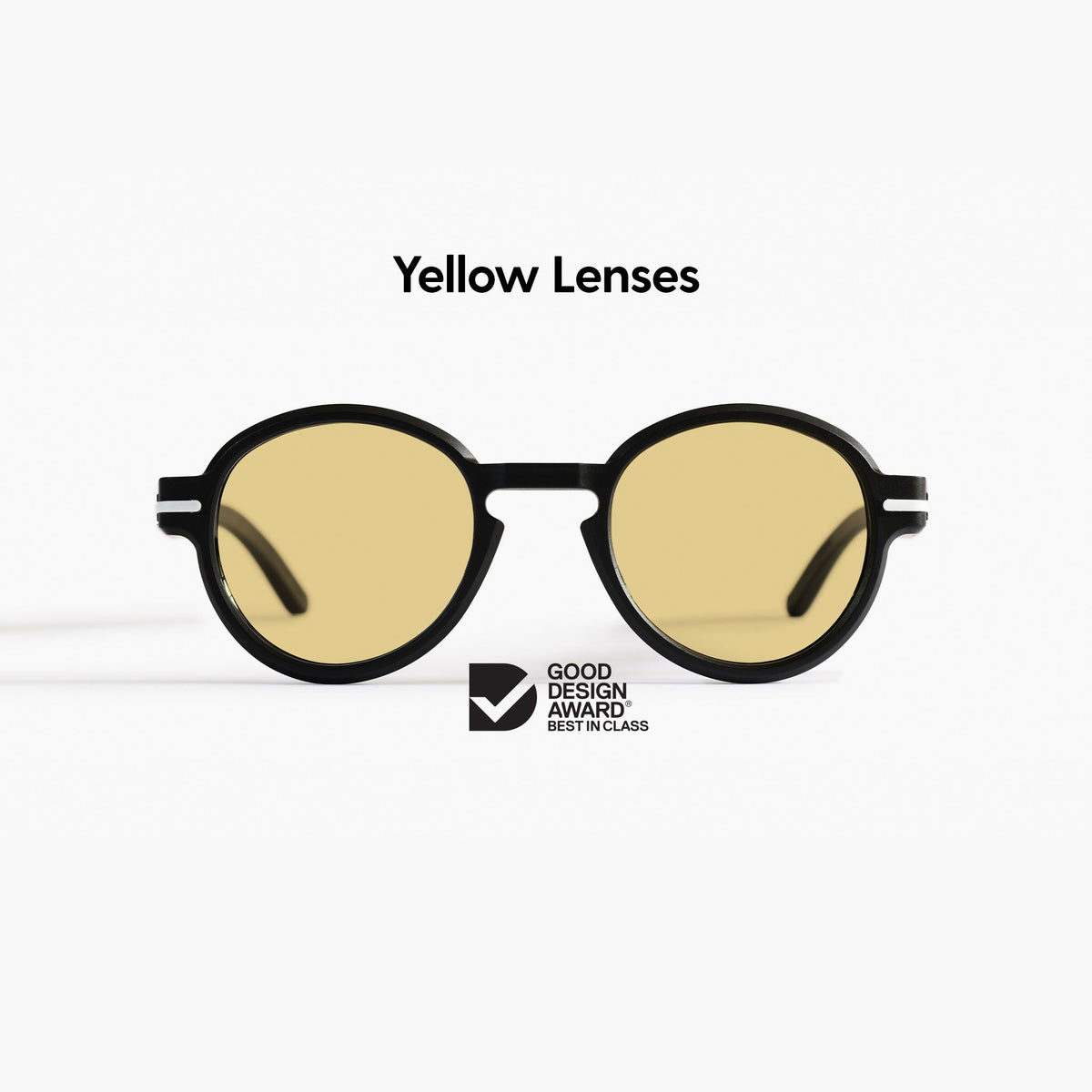 Good Citizens round black sunglasses on a white background with yellow Carl Zeiss lenses and 100% recycled plastic frame