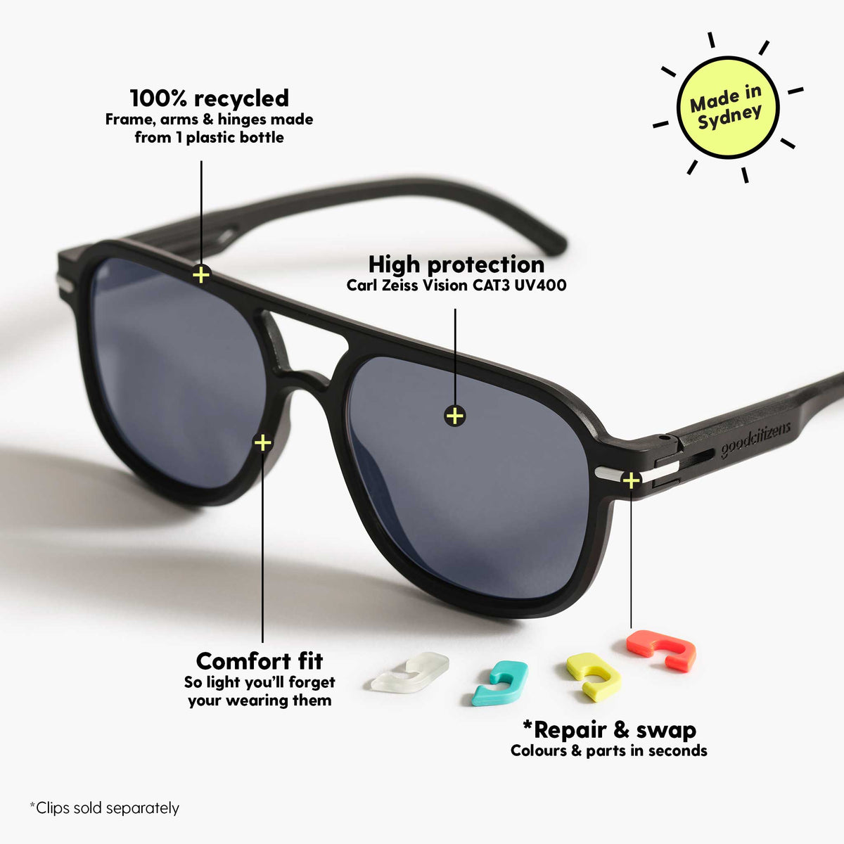 Diagram of aviator black sunglasses made in Australia, highlighting features: 100% recycled plastic frame and polarised lenses for protection