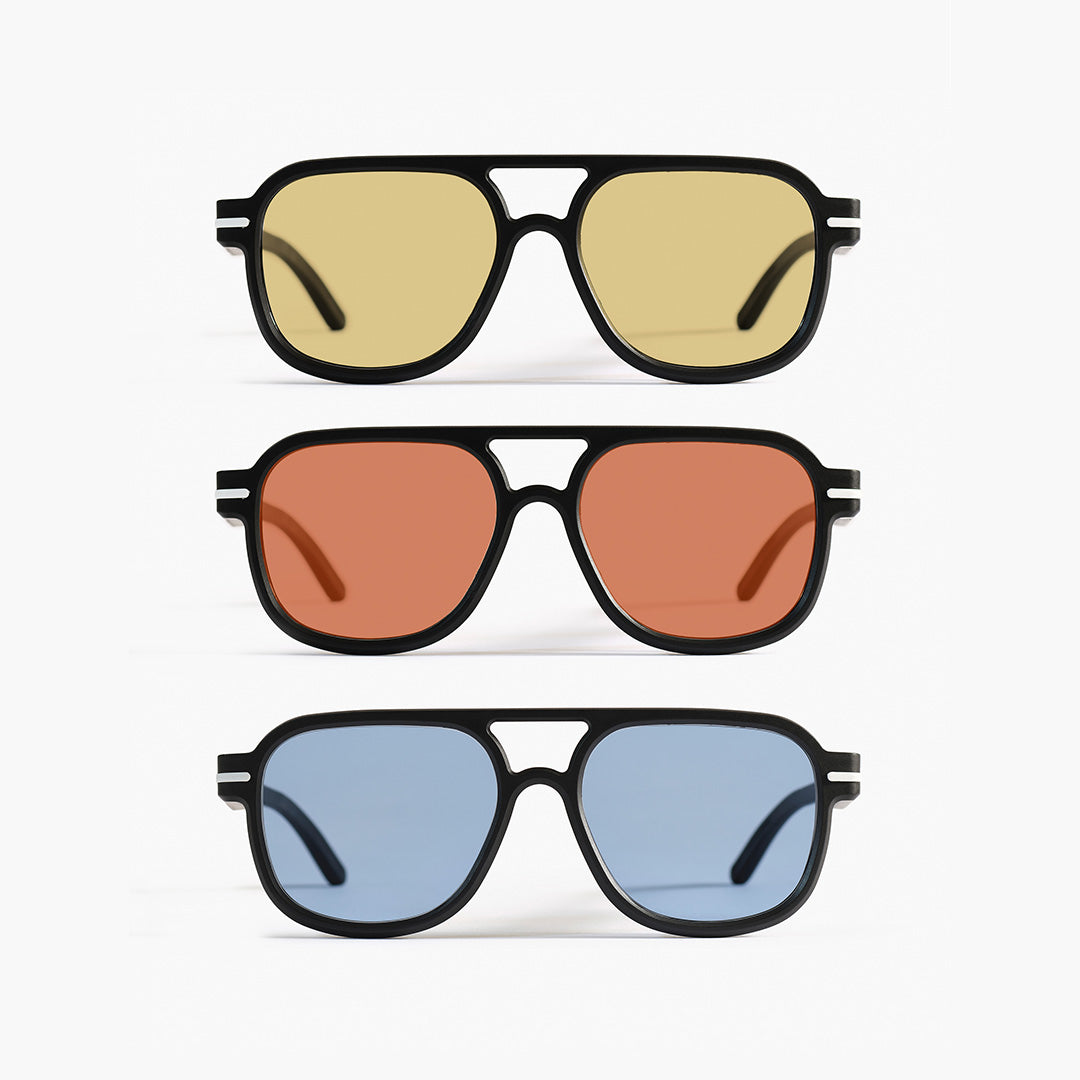 Close-up of Good Citizens' range of aviator frames with coloured lenses on a white background, highlighting the stylish, eco-friendly design and 100% recycled plastic frames