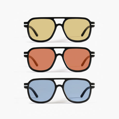  Close-up of Good Citizens' range of aviator frames with coloured lenses on a white background, highlighting the stylish, eco-friendly design and 100% recycled plastic frames