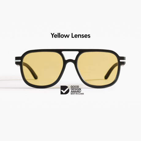 Made in Australia, Good Citizens black aviator sunglasses with polarised Carl Zeiss yellow lenses, made from 100% recycled plastic