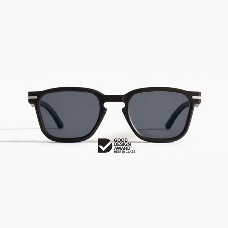 Turning a 600ml plastic bottle into Good Citizens black square sunglasses, showcasing the recycling process and eco-friendly design