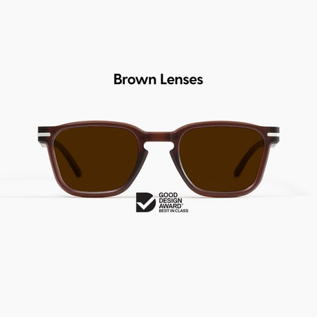 Good Citizens brown square sunglasses with premium polarised brown lenses crafted from 100% recycled plastic, on a white background.