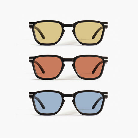 Close-up of Good Citizens' range of square frames with coloured lenses on a white background, highlighting the stylish, eco-friendly design, modular design, and 100% recycled plastic frames made in Australia
