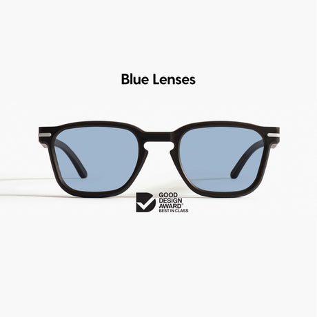 Good Citizens square black sunglasses on a white background with blue Carl Zeiss lenses, 100% recycled plastic frame, modular design, made in Australia