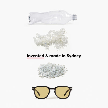 Turning a 600ml plastic bottle into Good Citizens brown square sunglasses with coloured lenses, showcasing the recycling process and eco-friendly design