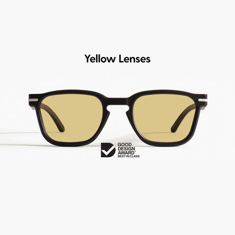 Good Citizens square black sunglasses on a white background with yellow Carl Zeiss lenses, 100% recycled plastic frame, modular design, made in Australia