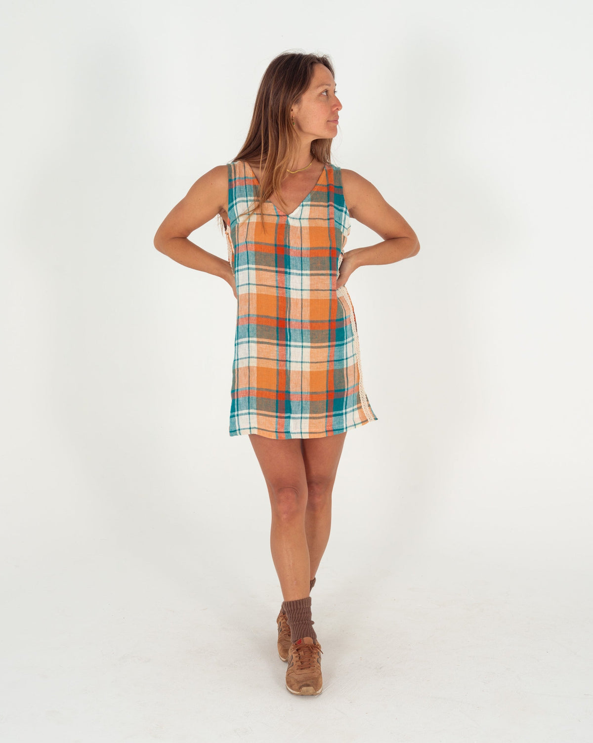 Karina V Neck Mini Dress in Citrus/ Teal Check - Atmosea
