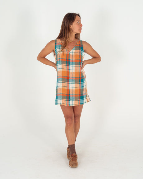Karina V Neck Mini Dress in Citrus/ Teal Check - Atmosea