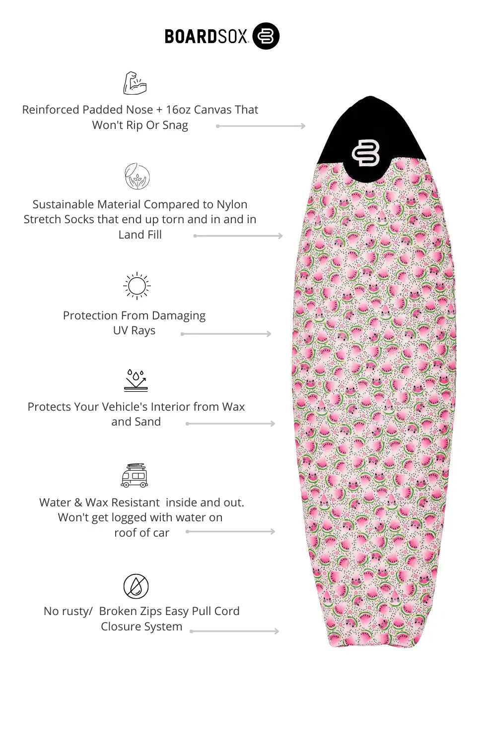 Watermelon fish and funboard surfboard cover, available 5'0 to 7'6