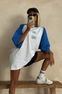 womens oversized raglan tee shirt with embroidery saying yee haa in white and blue